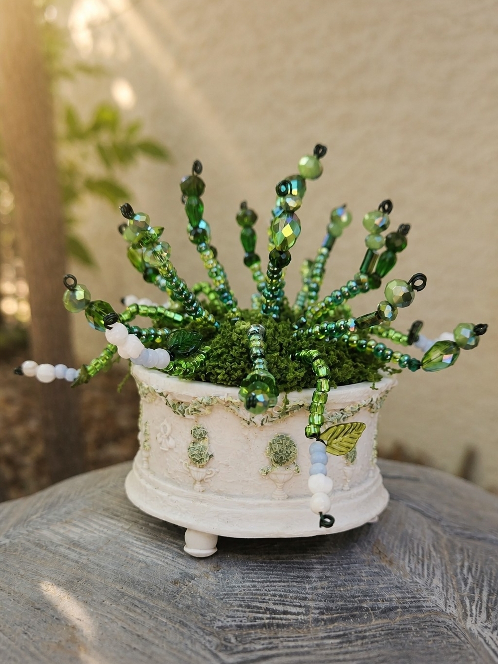 Handcrafted Green Beaded Succulent in White Decorative Pot